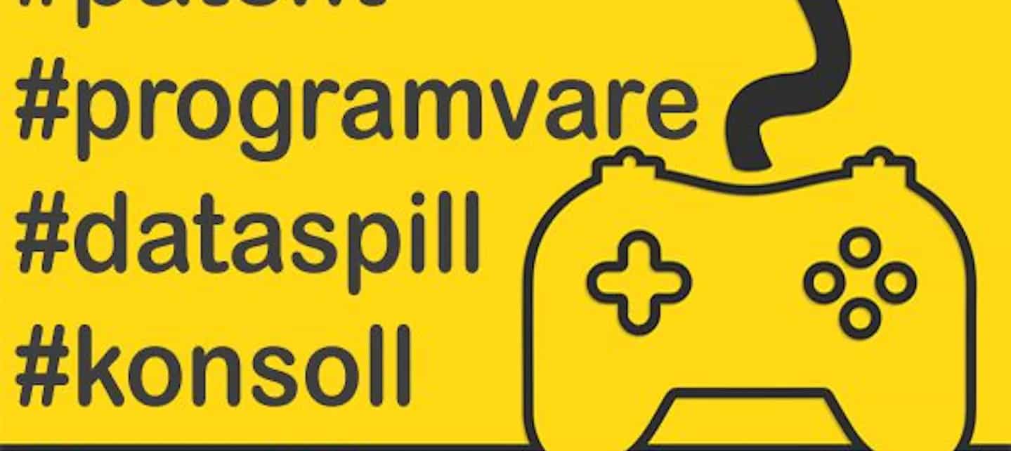 Bilde av gul poster med dataspill-kontroller og # for programvare, dataspill og konsoll