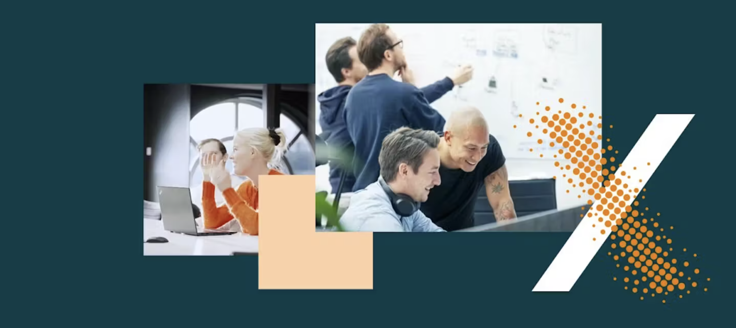 To grupper jobber sammen ved PC og whiteboard, med grafiske elementer over bildet.